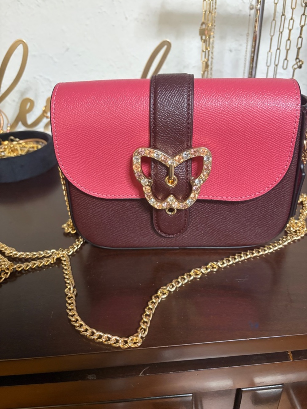 Coach Pink and Brown Leather Butterfly-Embellished Crossbody
